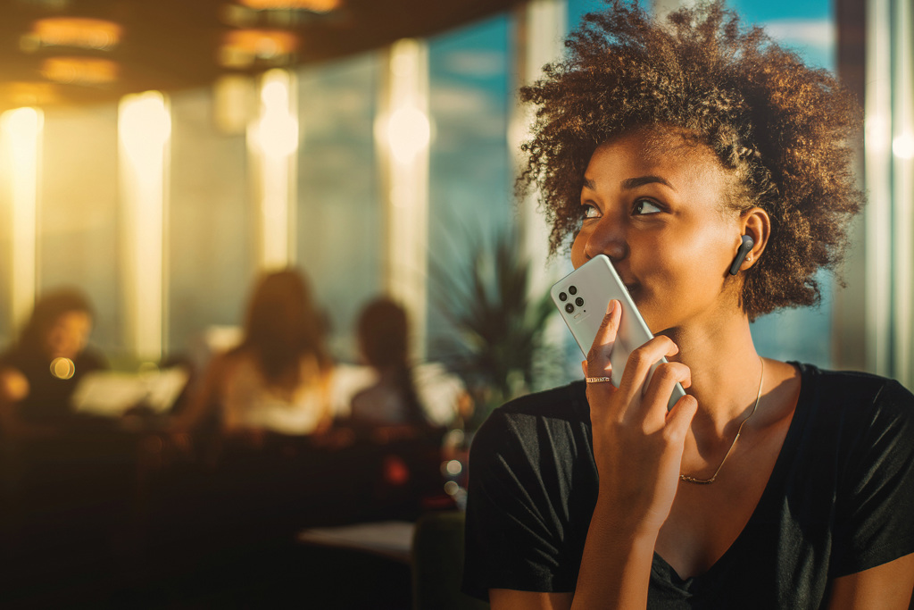 Curly black girl using her phone as voice recorder